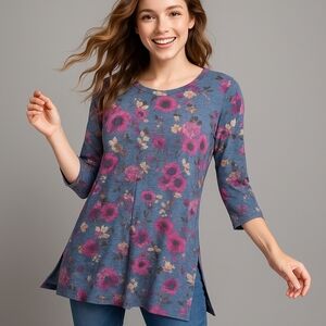 My Amelia James S Blue Floral Tunic Top 3/4 Sleeve Stretch Soft Knit Shirt USA